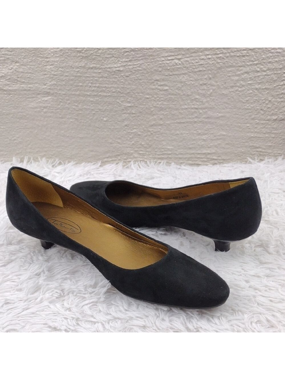Talbots Black Suede Leather Upper Almond Toe Low Kitten Heel Slip On Pump Shoe